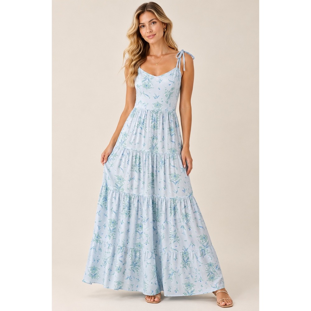 Ann Taylor Factory Floral Maxi Dress Blue Green Tie Strap Tiered M